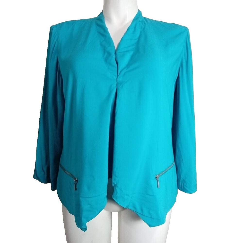Chicos Jacket Topper Size 2 Teal Blue Open Front Zipper Pocket 3/4 Sleeve Large